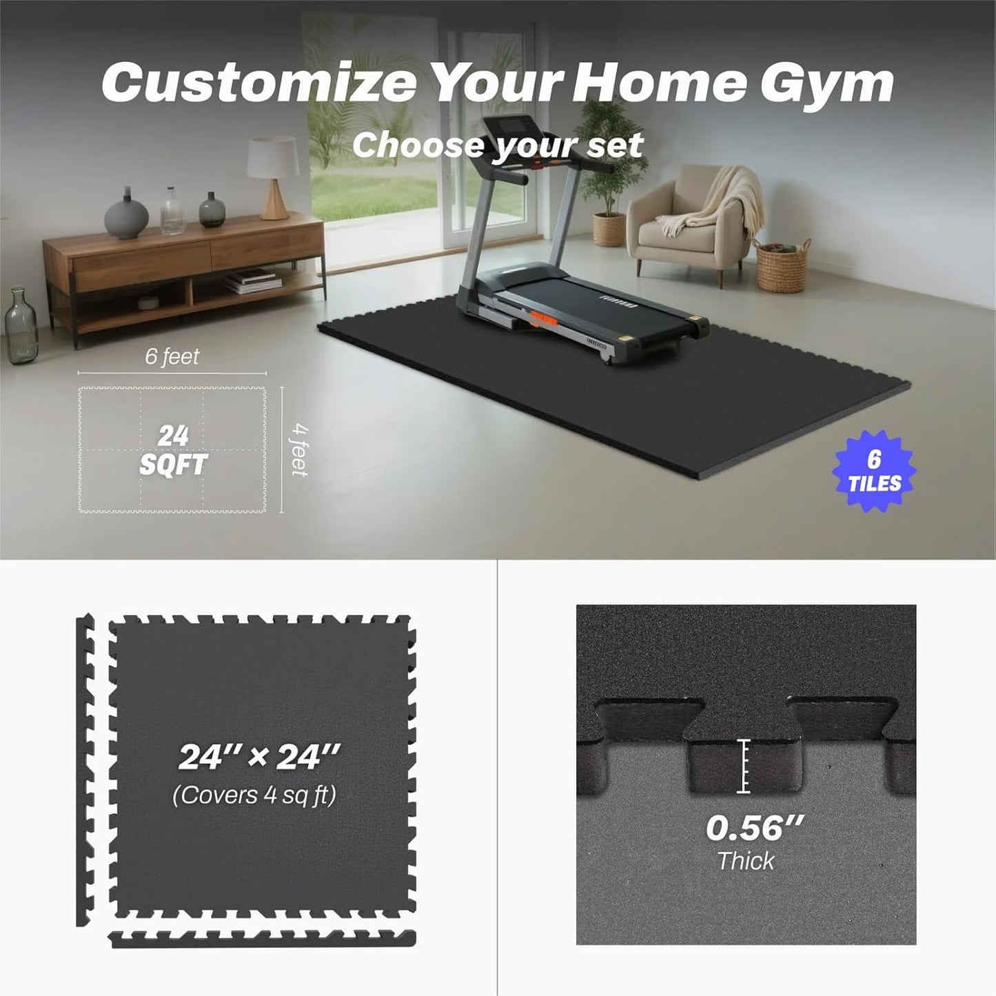 AIRHOP 0.56in Thick 24 Sq Ft Exercise Equipment Mats, 6 Tiles Upgraded Rubber Top with High Density EVA Foam, Large Interlocking Puzzle Gym Flooring for Home Gym, Heavy Weight Workout,Black