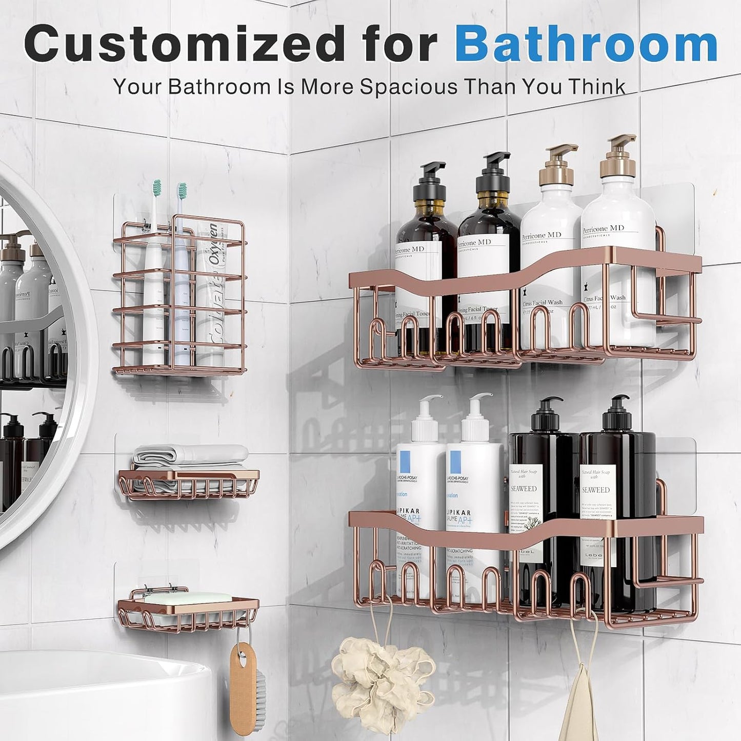EUDELE 5-Pack Rustproof Stainless Steel Shower Caddy – No Drill Adhesive Bathroom Organizer with Large Capacity, Spacious Shower Shelves for Inside Shower, Kitchen & Home Decor Storage-XL Size