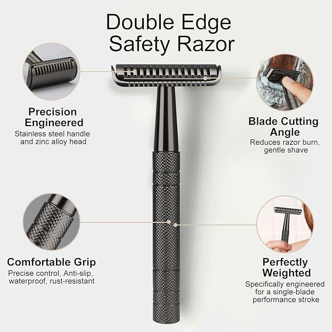 Double Edge Safety Razor with Stand, Single Blade Razors for Men and Women, with 10 Blades, Long and Heavy Duty Stainless Steel Handle, Smooth Close Shave, Black
