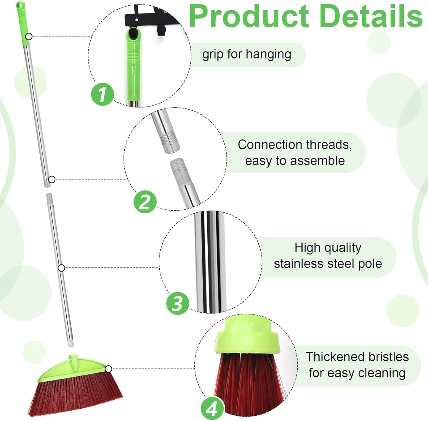 Lasnten 8 Pack Heavy Duty Broom Commercial Set with 49" Stainless Steel Detachable Handle Indoor and Outdoor Floor Brooms for Home, Garage, Kitchen, School, Office, Patio Cleaning