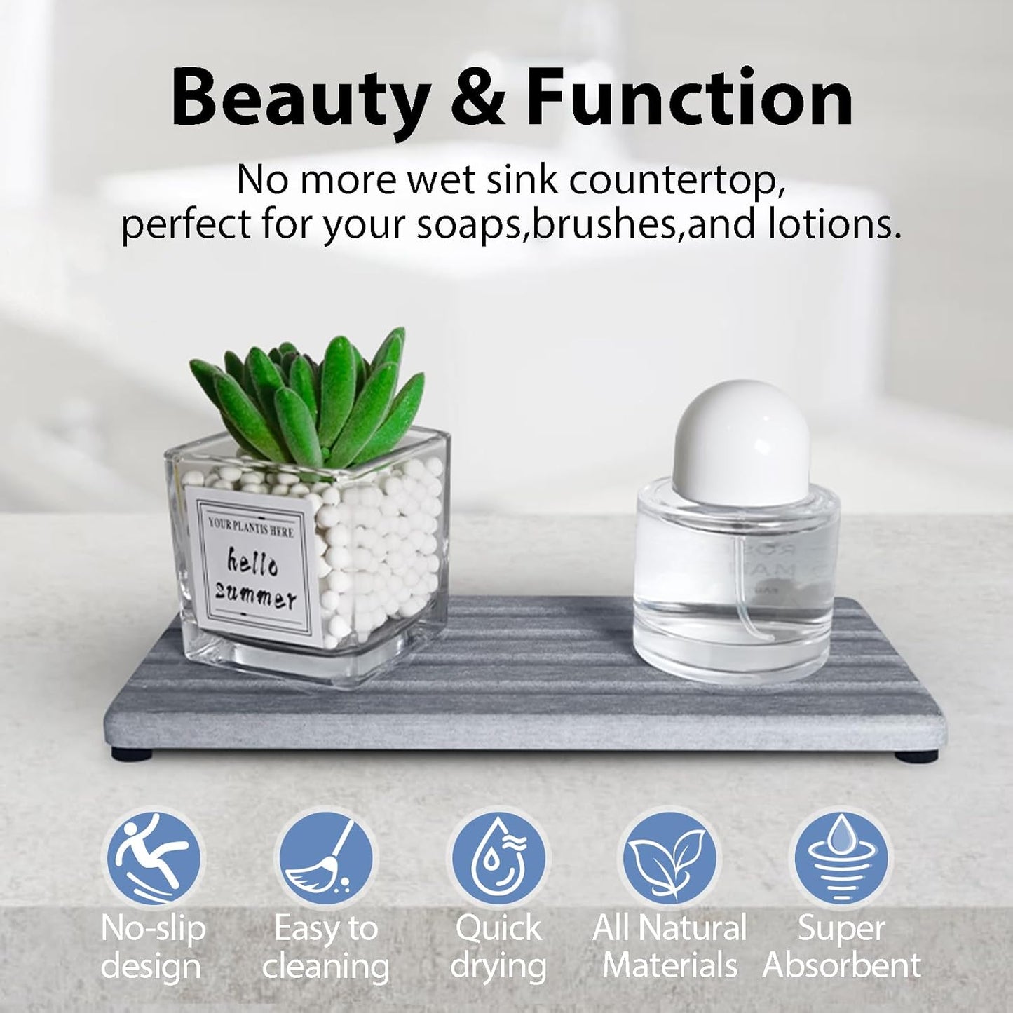 2 PCS Water Absorbing Stone Trays for Bathroom Sink & Kitchen Counter, Fast-Drying Diatomite Sink Caddy, Vanity Tray, Hand Soap Holder with Anti-Skid Pads (Grey, 7.9" x 4"/20 x 10cm)