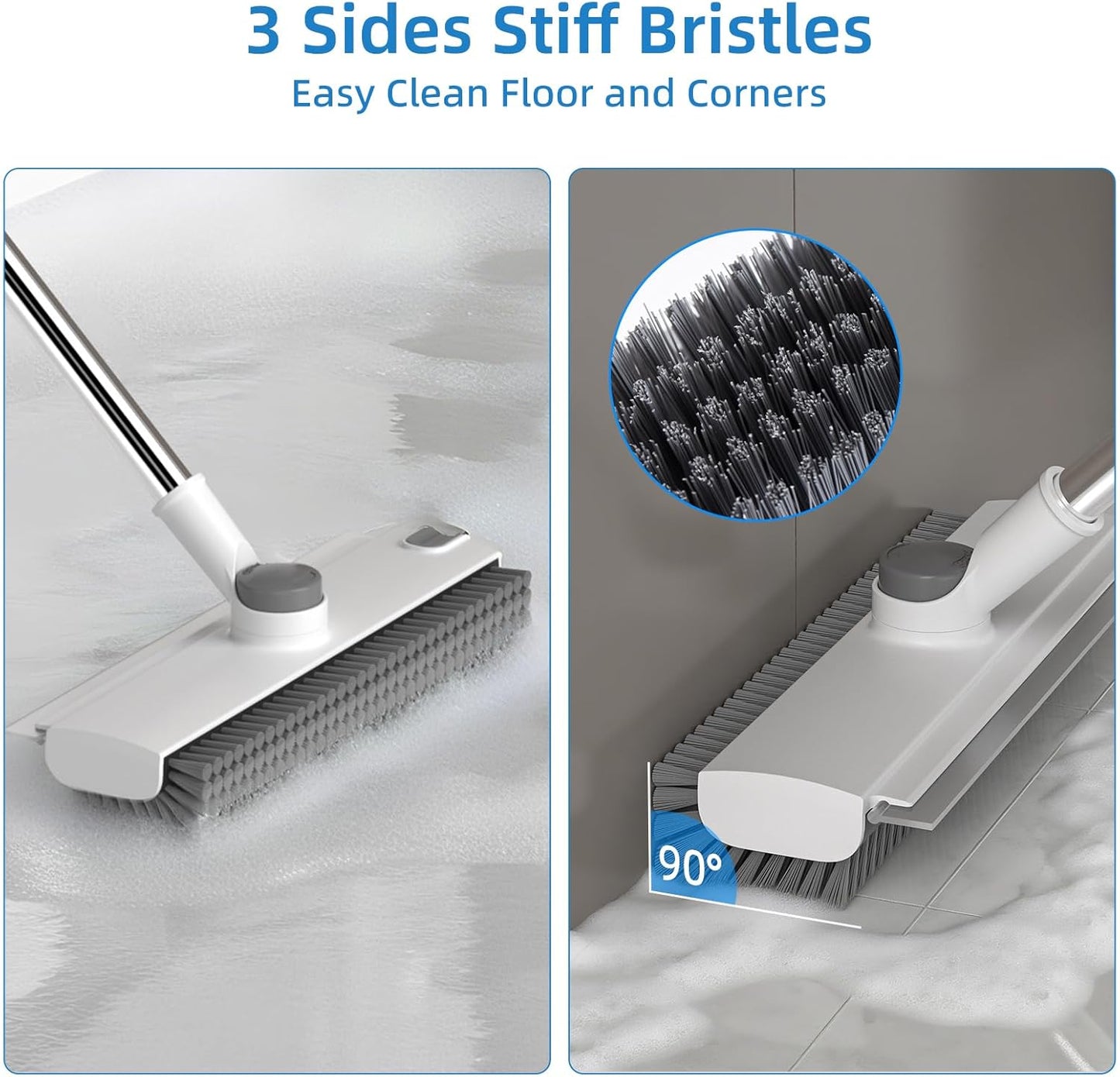 Scrub Brush with Long Handle, Floor Scrub Brush Squeegee Broom for Cleaning, 3 in 1 Shower Scrubber Floor Broom Squeegee for Concrete Tile Wall Deck Patio White