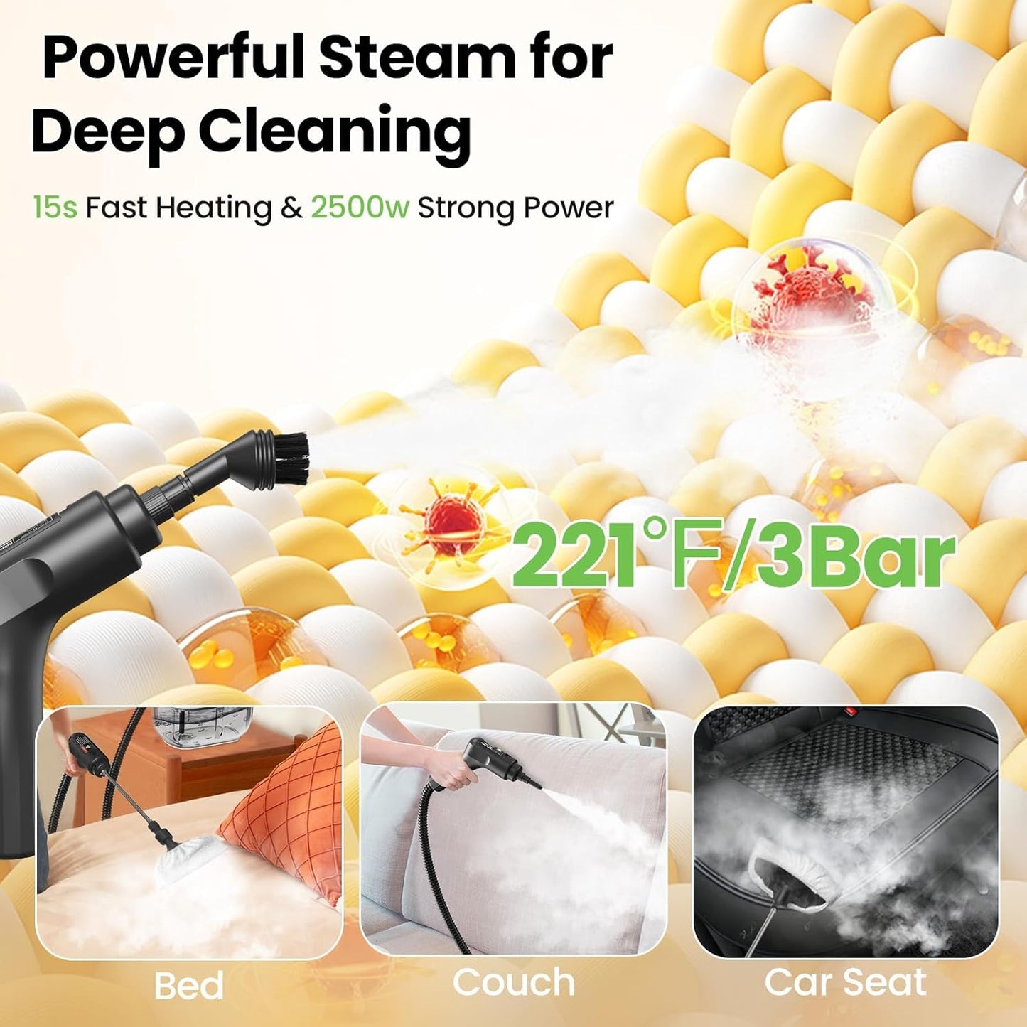 Handheld Steam Cleaner for Home, 2500W High Pressure Steam Cleaner for Car Detailing, 3 Steam Levels, 1600Ml Tank, High Heat Steamer for Bed Bugs, Couch, Furniture, Kitchen, Bathroom