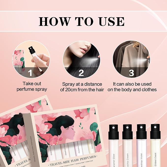 Travel Size Hair Perfume Spray Set for Women, 4 x 0.05 Fl Oz Long Lasting Fresh Scent, Mini Deodorizing Hair Mist, Portable Fragrance Gift Set