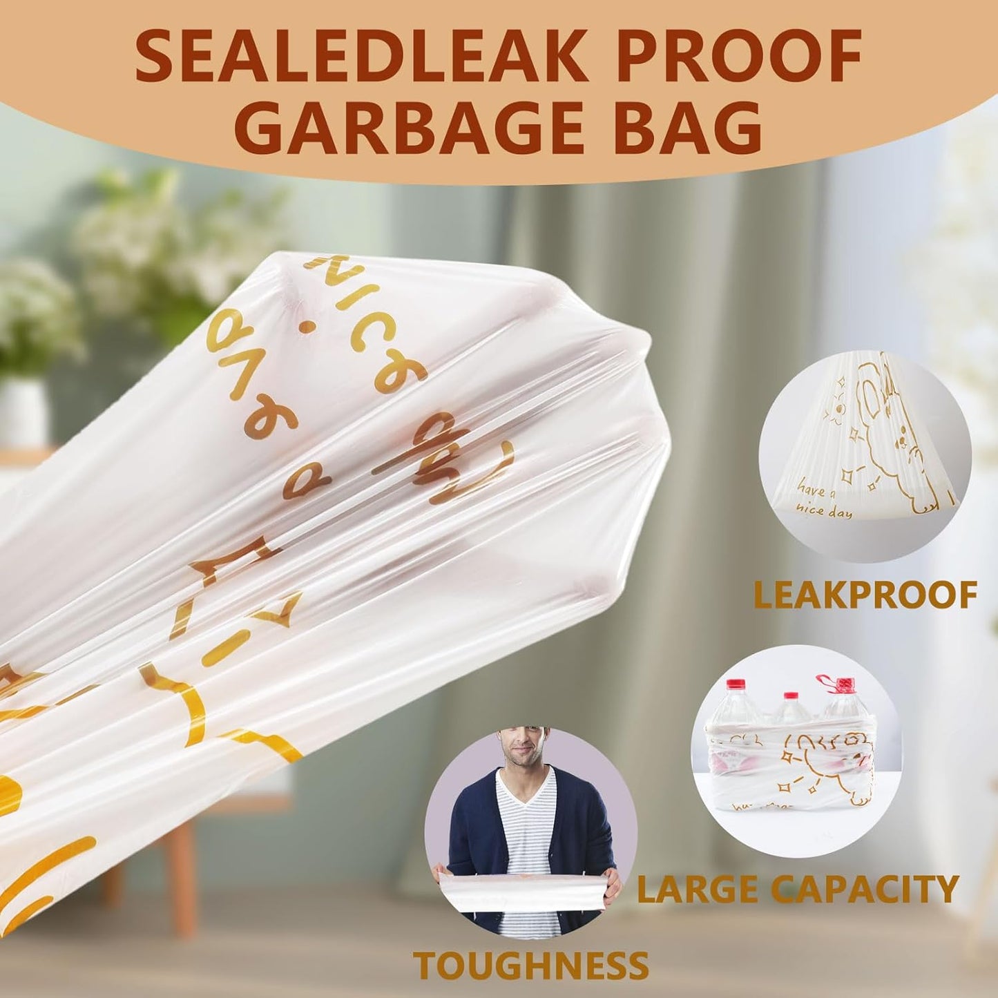 13 Gallon Trash Bags with Cute Rabbit Printed & Drawstring, Tear-Resistant Tall Kitchen Garbage Bags, Heavy-Duty Large Trash Can Liners for Home/Office, 50 Counts