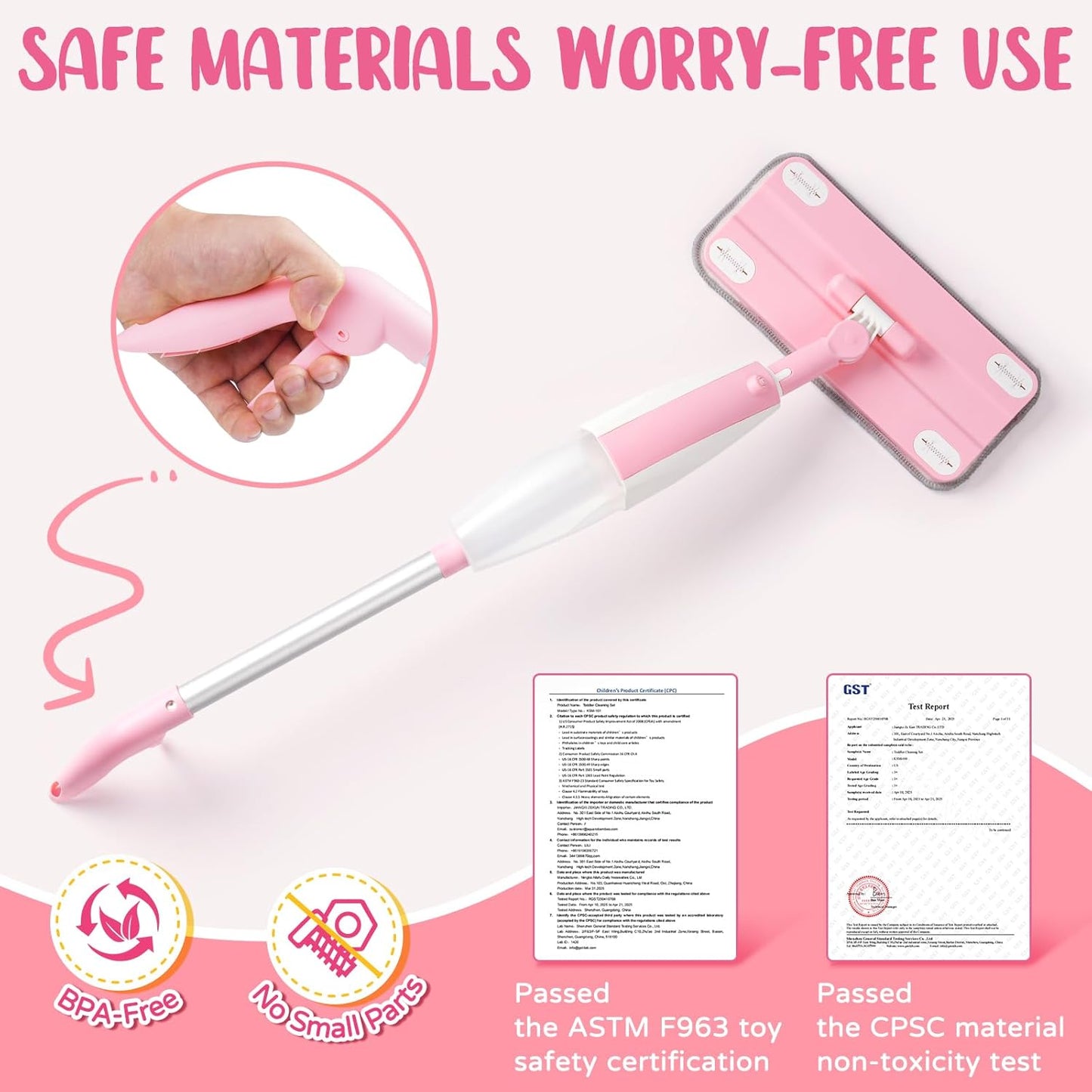 Pink Mini Spray Mop for Toddler-Girls Montessori Cleaning Toy That Real Spray Water,Pretend Playhouse Essentials for Girls Ages 3-8,Toddler Educational Housekeeping Set