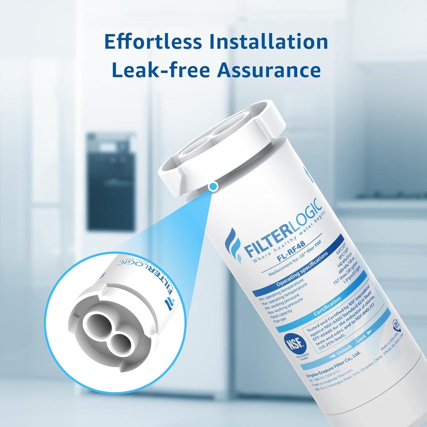 Filterlogic FL-RF48 Replacement for GE® XWF, NSF Certified Refrigerator Water Filter, 3 Filters（Not XWFE®)