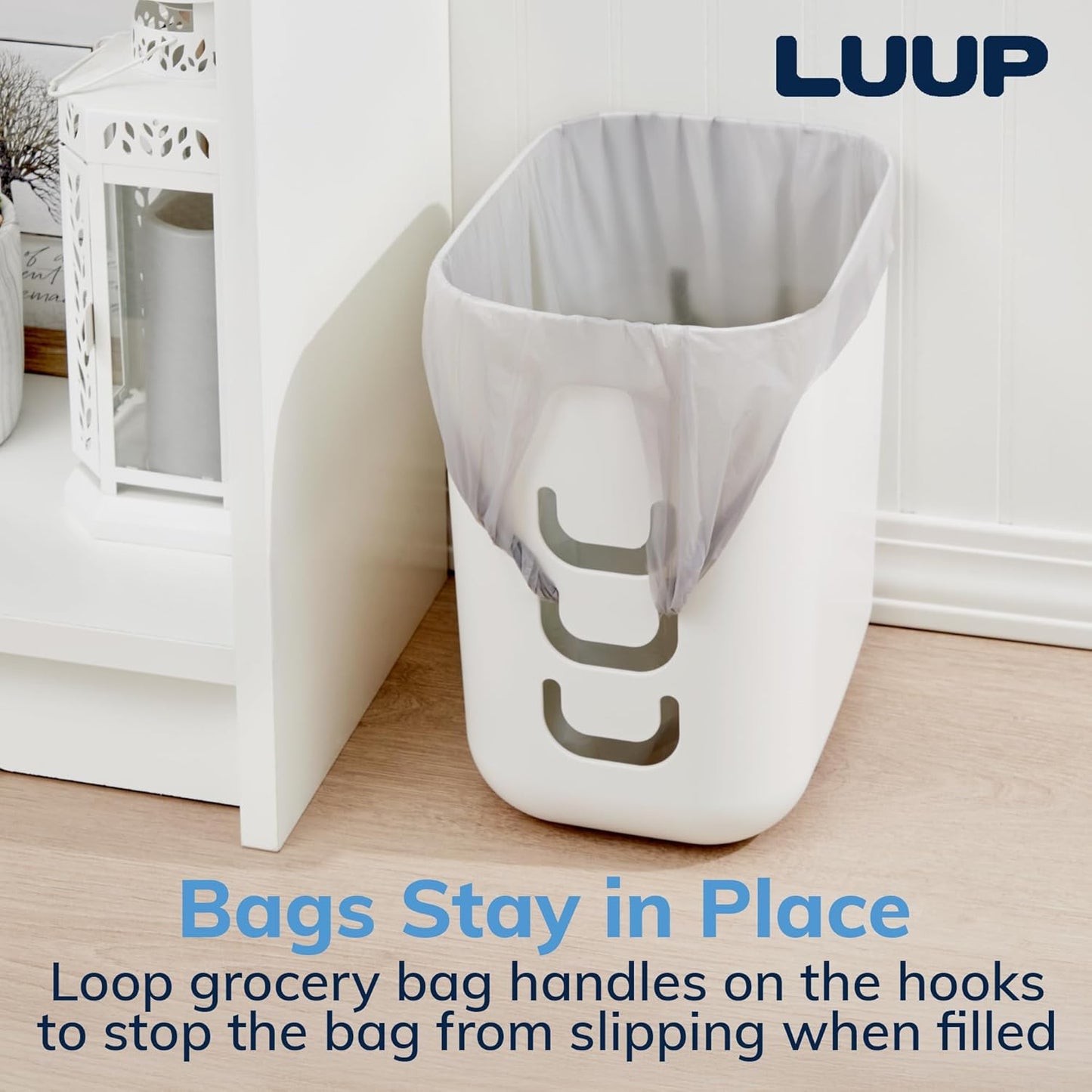 STORi Luup Bathroom Wastebasket, Secure Grocery Bags, Plastic Garbage Container for Vanity, Laundry Room, Kitchen, Office, 2.5 Gallon, White, Made in USA