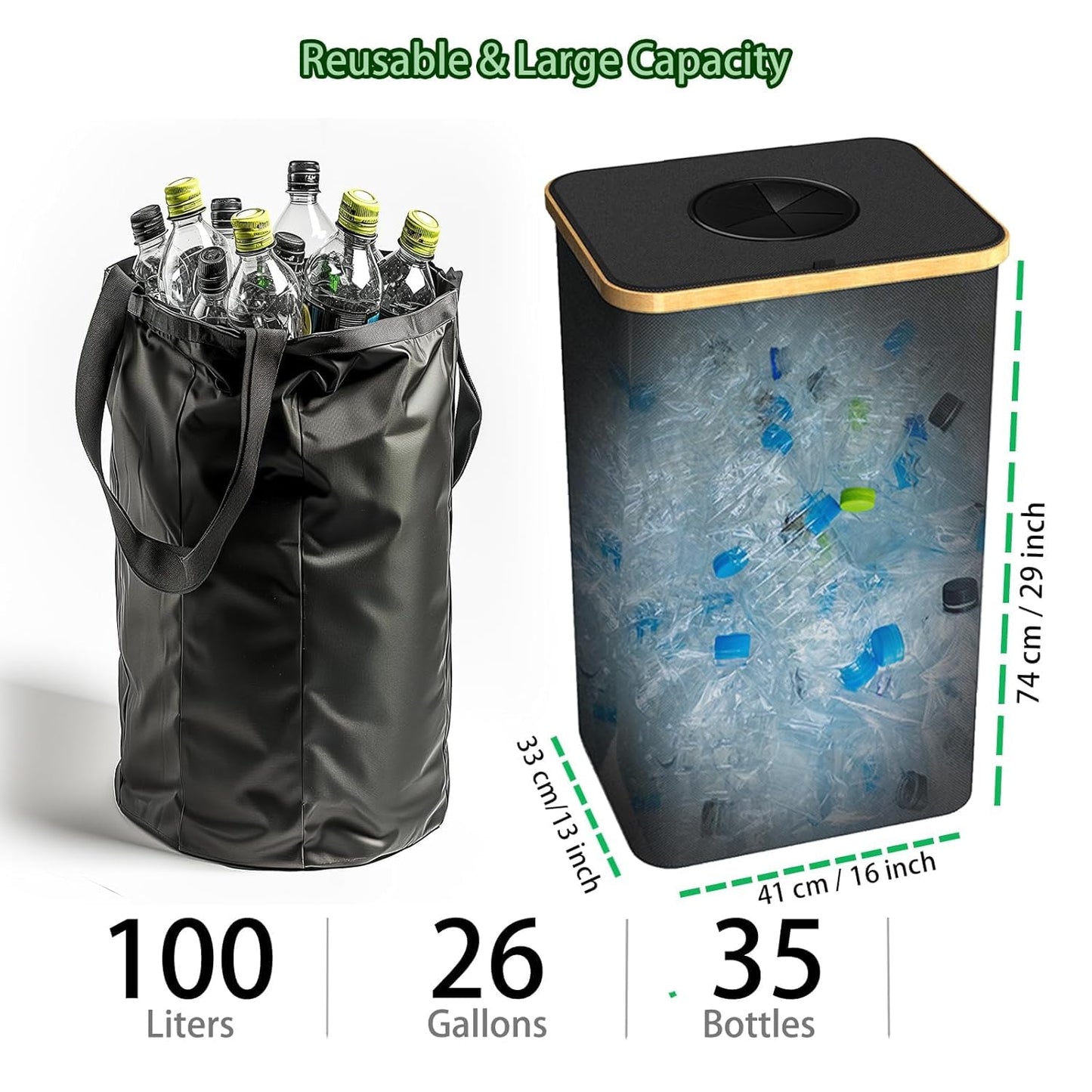 Recycling Bin for Kitchen Indoor Home, Large 26 Gallon 100L Recycle Bin with Lid Removeable Reusable Inner Bag Bottle Can Glass Waste Plastice Stickers,Black