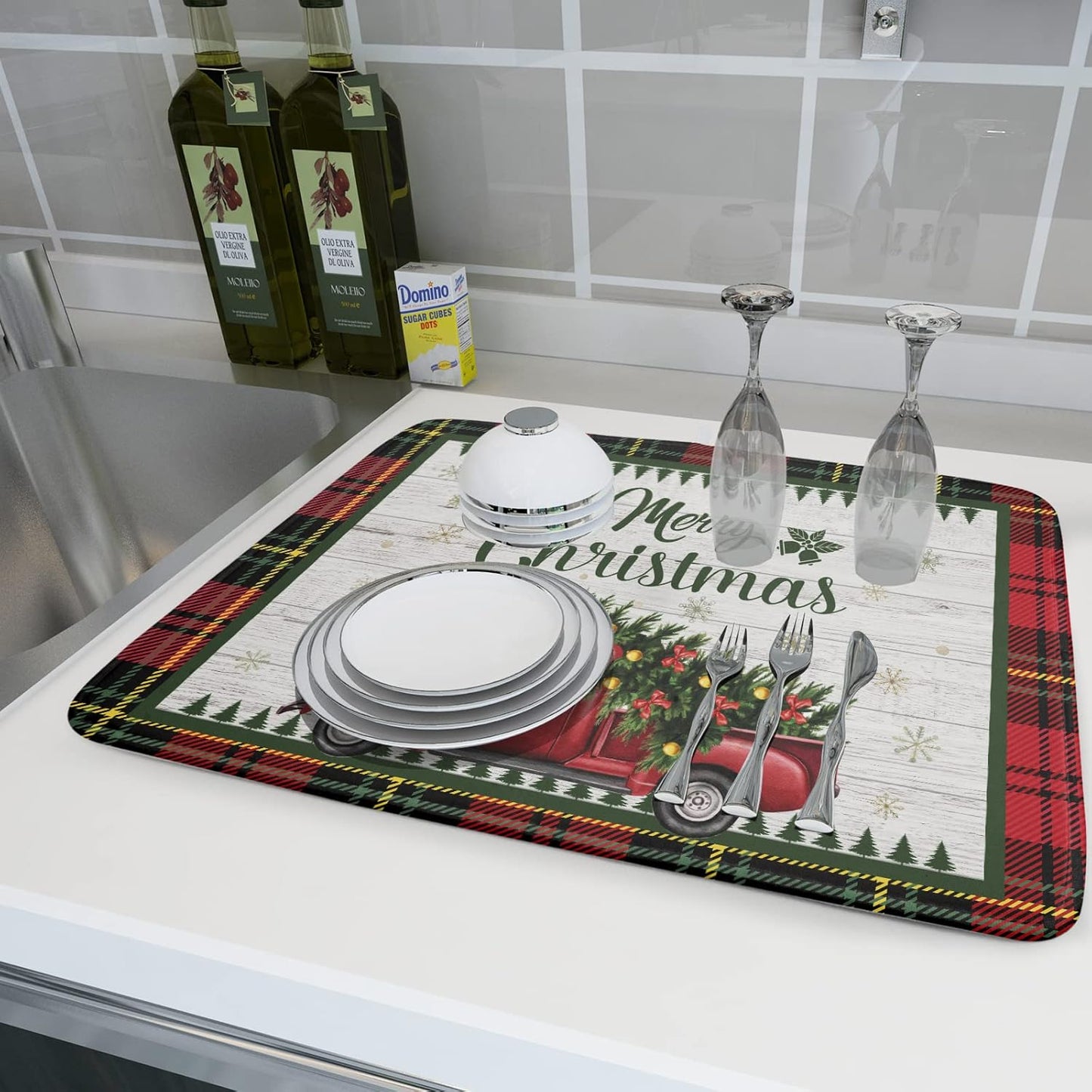 Christmas Dish Drying Mat 18x24 Inch for Kitchen Counter Decor Absorbent Reversible Microfiber Red Truck Buffalo Check Plaid Dishes Pad Dish Drainer Rack Mats Absorbent Fast Dry Kitchen Accessories