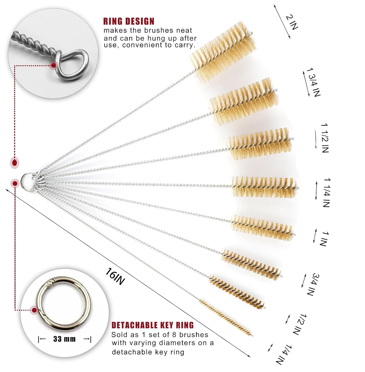 16 Inch Extra Long Pipe Cleaning Brush Set with Brass Bristles, 8 Piece Variety Pack for Auto Parts, Bottles,Tubes, Etc.