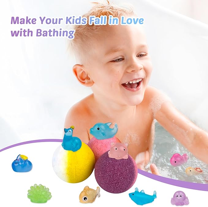 Bath Bombs for Kids, 12 Pcs Bath Bombs with Glow in The Dark Ocean Surprise Inside, Handmade Organic Bubble Bath Ball Gift Set for Boys and Girls, Gift for Birthday Christmas Easter