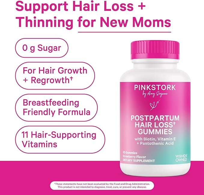 Pink Stork Postpartum Hair Loss Gummies | Biotin, Pantothenic Acid, Vitamin E, B6, B12 | Postnatal Hair Growth + Regrowth Support for New Moms | Breastfeeding-Friendly | 60 Gummies