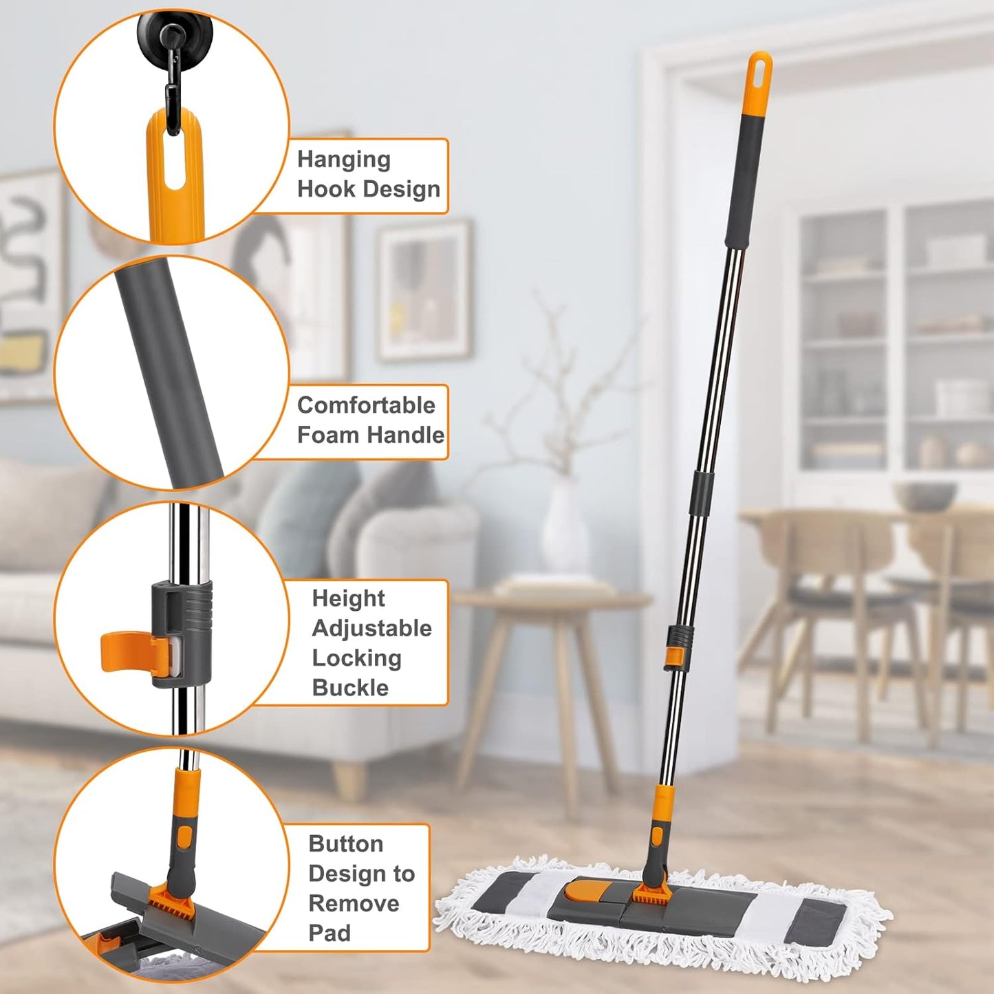 MASTERTOP Dust Mop for Floor Cleaning, Microfiber Floor Mop with 2 Washable Pads, Height Adjustable Long Handle, 24.6'' Dry and Wet Flat Mop for Hardwood, Laminate, Tile, Marble