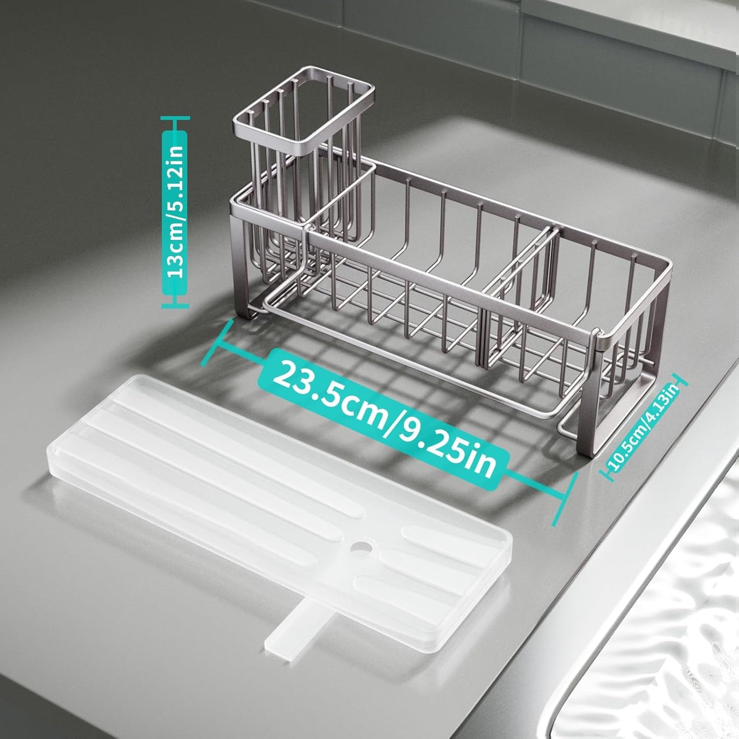 HapiRm Sponge Holder for Kitchen Sink - Self-draining Sink Caddy with Brush Holder and Dishcloth Holder, Stainless Steel Kitchen Organizer for Countertop - Brushed Nickel