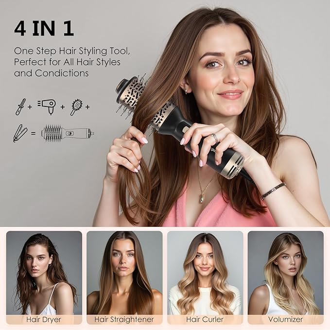 4-in-1 Dual Voltage Hair Dryer Brush, Mini Auto Blow Dryer Brush for European Travel(100-240V), 2 Inch Hot Air One Step Hair Dryer and Styler for Volumizer/Straightener/Curler with EU&UK Plug