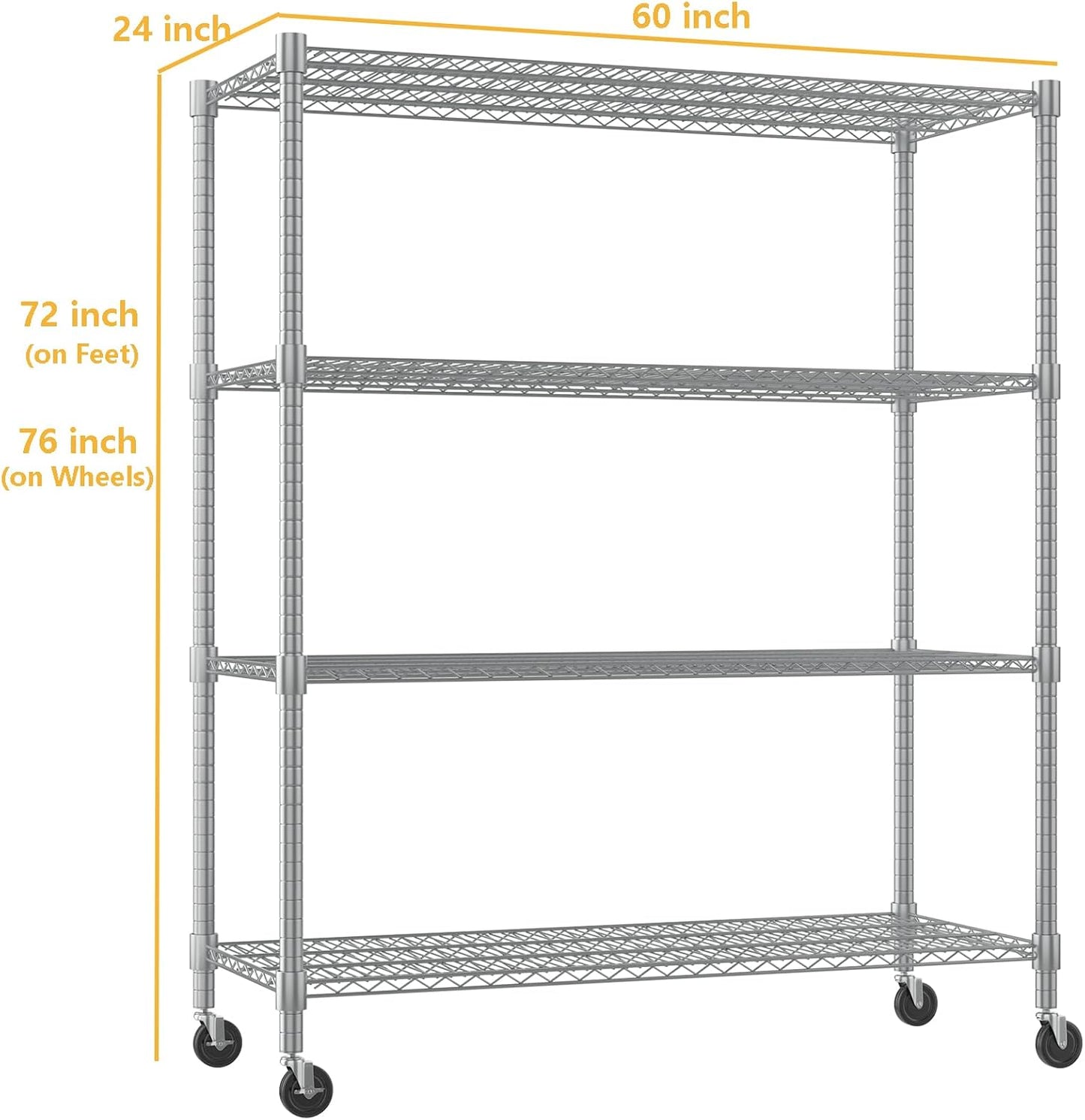 Himimi Storage Shelves 60"W Wire Shelving with Wheels 2600LBS Heavy Duty Metal Shelves for Storage, 4-Tier Adjustable Wire Rack Shelving Garage Shelving Kitchen Storage Shelves 24"Dx60"Wx72"H, Silver