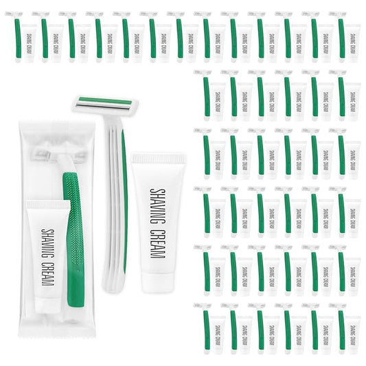 Green Disposable Twin Blade Razors in Bulk, Individually Wrapped with Safety Cap and Shaving Cream (50 Pack) for Homeless, Hotel, Airbnb, Shelter