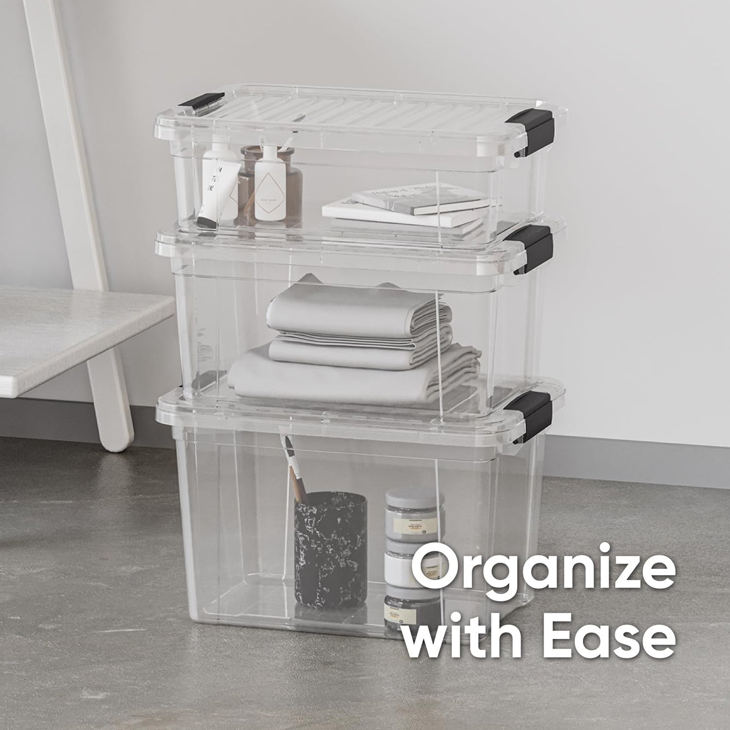 Superio Storage Bins with Lids- 4 Pack, 7.4 Qt Clear Boxes for Organizing, Stackable Plastic Containers- BPA Free, Non-Toxic, Odor Free, Organizer for Home, Office, Dorm