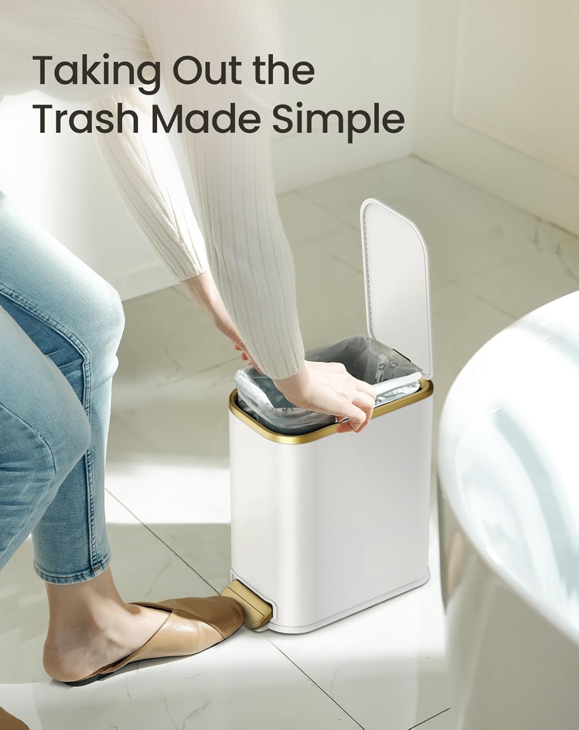 Cesun Small Bathroom Trash Can with Lid Soft Close, 5 Liter/1.3 Gallon Stainless Steel Garbage Can with Removable Inner Bucket, Step Pedal, Slim Waste Basket for Toilet, Office, Bedroom (White&Gold)