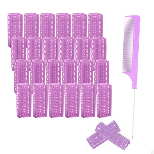 24PCS Plastic Hair Rollers Curlers Set, 0.8Inch/2cm Snap on Rollers for Fine Thin Hair Heatless Curler Self Grip Roller with Mini Comb for Women/Men Medium Short Hair (Purple)