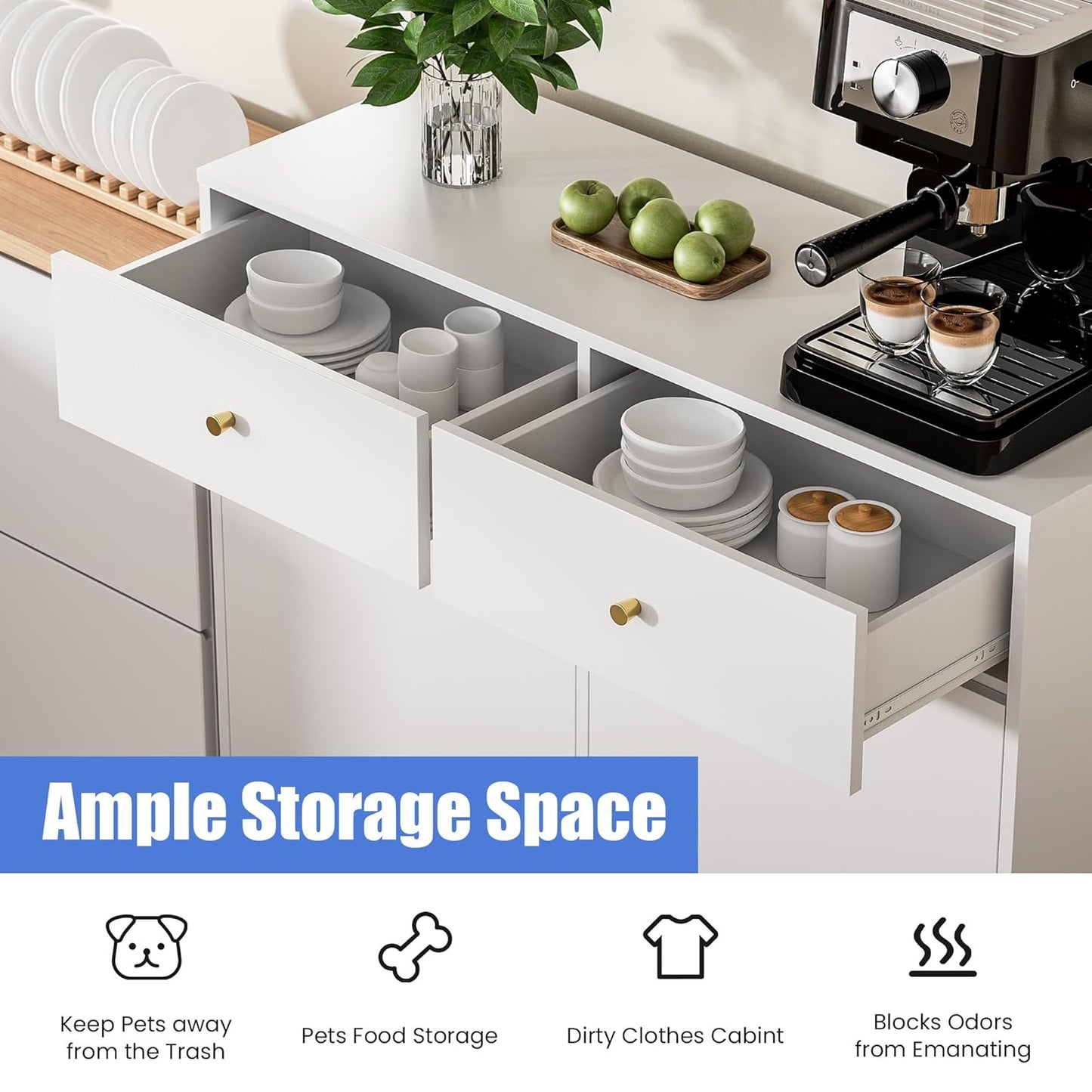 Double Tilt Out Trash Can Cabinet with 2 Drawers, Trash Storage Cabinet, Hidden Garbage Bin, Free Standing Laundry Sorter Organizer for Kitchen Dining Living Room, Bathroom, White