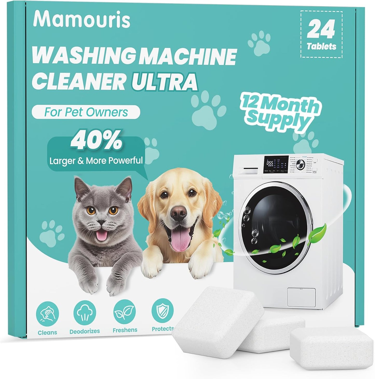 Washing Machine Cleaner Tablets: 40% Stronger Cleaning Power, Deep Cleaning Tablets For HE, Front Loader & Top Load Washer, Removes Pet Hair, Odors, Formulated for Pet Owners, 24 Pack, 15G