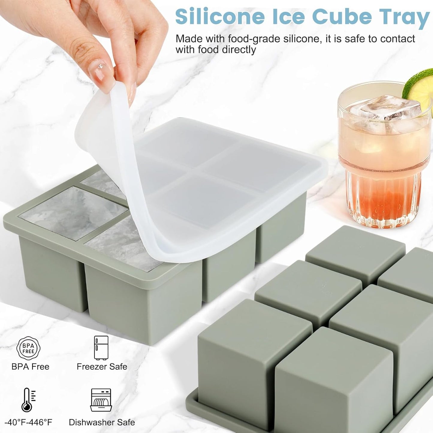 Large Silicone Ice Cube Tray 3Pack, SAWNZC Big Square Ice Cube Molds for Whisky Cocktail, Ice Maker Tray with Lid for Freezer, Easy Release (3, Blue+Green+Pink)