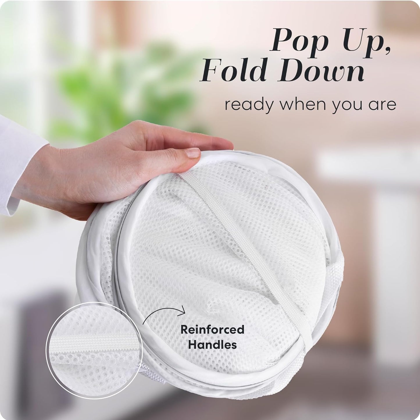 Handy Laundry Collapsible Mesh Pop Up Hamper with Wide Opening and Side Pocket - Breathable, Sturdy, Foldable, and Space-Saving Design for Clothes and Storage (White)