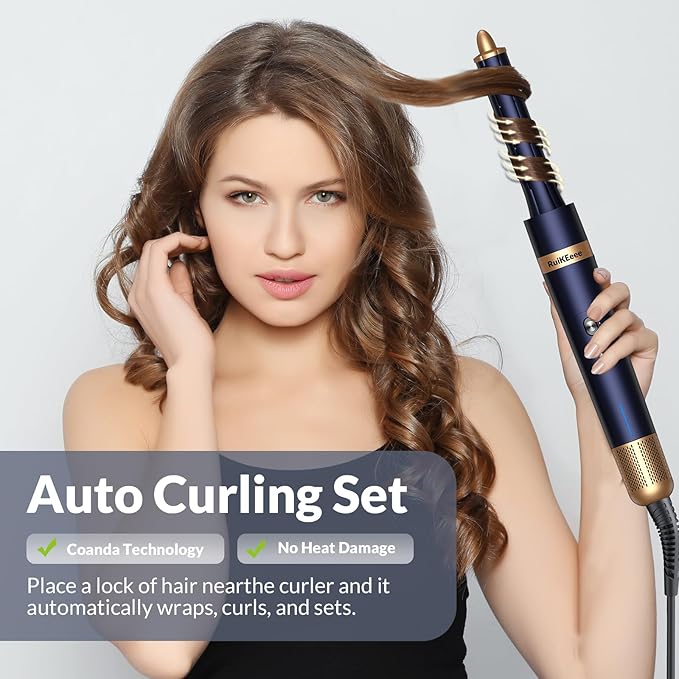 Hair Dryer Brush 6 in 1 Professional Hot Air Styler, Hair Curler Set for Curling, Fast Drying, Smoothing, Volumizing, Multi Hair Styling Tools with Travel Case - No Heat Damage - Prussian Blue