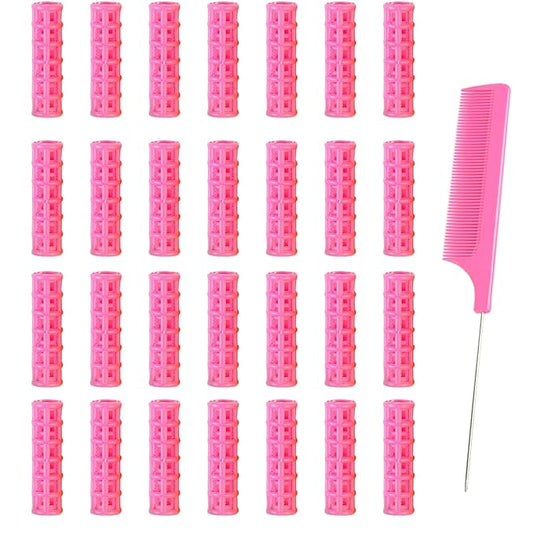 28PCS Self Grip Small Hair Rollers Set, 0.6in Plastic No Heat Roller Hair Curlers with Comb Heatless Clips for Short Fine Thin Hair(Pink)
