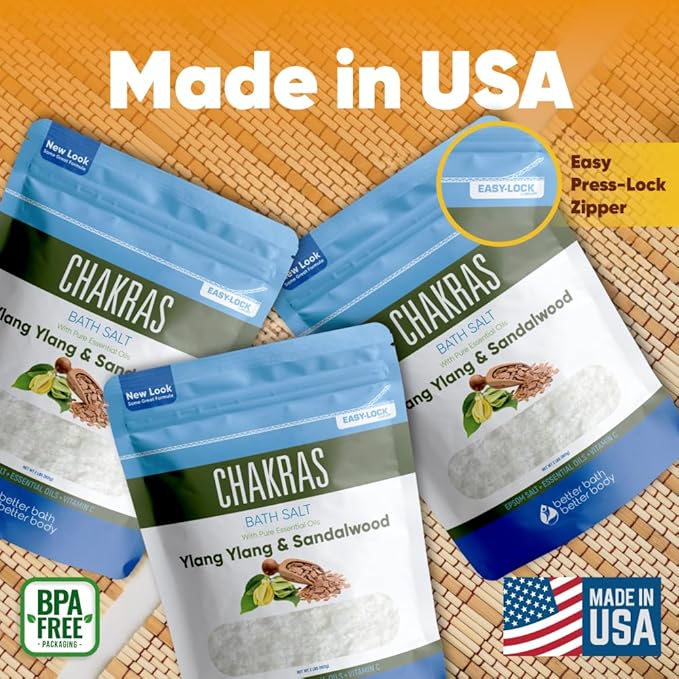Chakras Bath Salt (3 Pack with Scoop) USP Epsom Salt with Natural Ylang Ylang and Sandalwood Essential Oils Plus Vitamin C in BPA Free Pouch with Easy Press Lock Seal Made in USA Bundle 6 Lbs Total