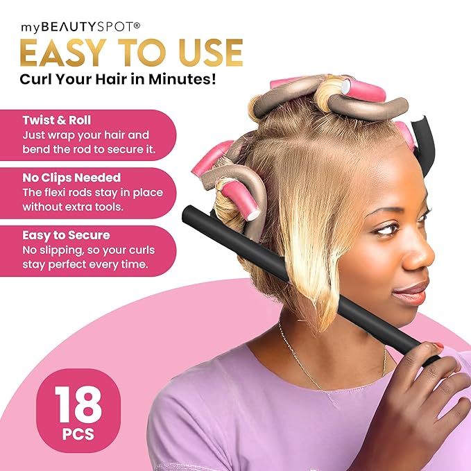 My Beauty Spot Flexi Rods Foam Hair Rollers -1/2" 5/8" 3/4" 1" Diameter- Professional Salon Quality 18 Pcs Rubber Hair Rollers for Long, Medium, and Short Hair, Hair Curlers to Sleep in for Women
