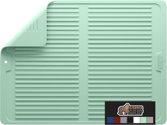 GORILLA GRIP 100% BPA-Free Patented Silicone Dish Drying Mat for Kitchen Counter, Water Catching Ribbed Design, Easy Clean Waterproof Sink Liner, Heat Resistant, Fits Under Rack, 13x11 Inch, Mint