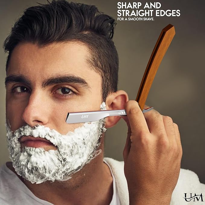 UM Supplies Straight Edge Razor with 100 Replaceable Single Edge Blades kit | Men's Straight Shaving Razors | Navajas para Barbero (Wooden Straight)