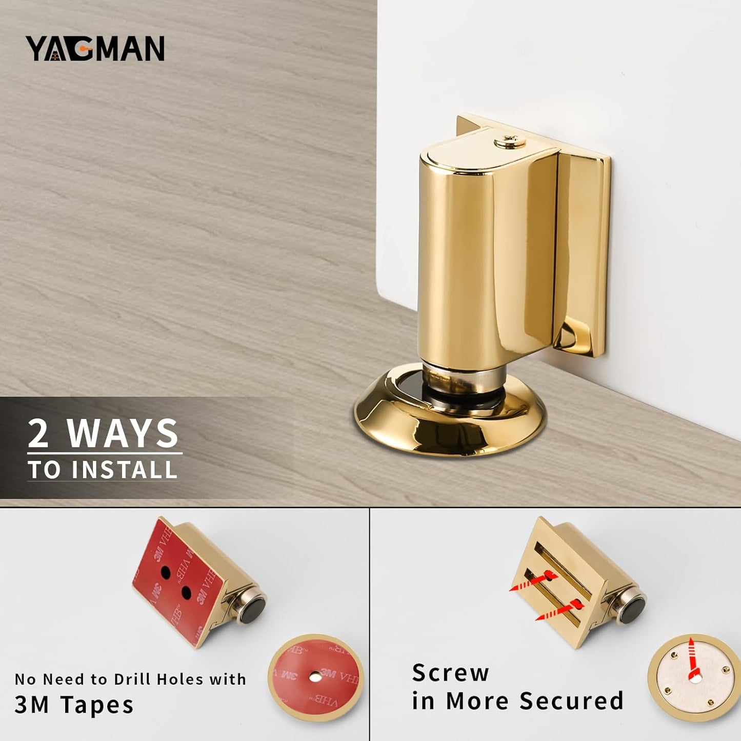 3 Pack Magnetic Door Stoppers Retractable Bottom of Door Holder No Drilling Mount Floor Door Stop with Screws and Adhesive Catch Door Keep Door Open Polished Gold PG-3