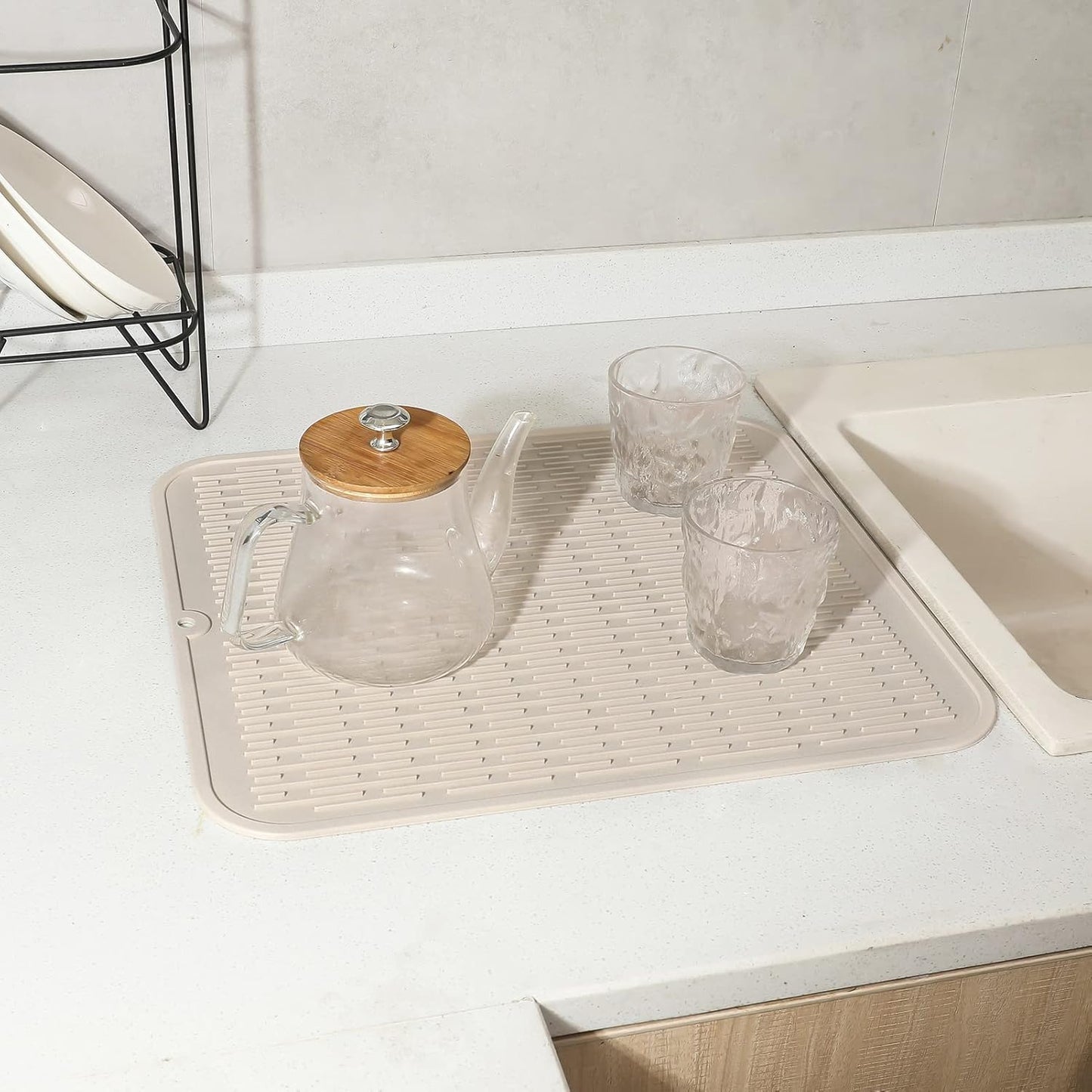 Silicone Dish Drying Mat for Multiple Usage,Easy clean,Eco-friendly,Heat-resistant Silicone Mat for Kitchen Counter or Sink,Refrigerator or Drawer Liner Tapioca XL 18 inches x 16 inches