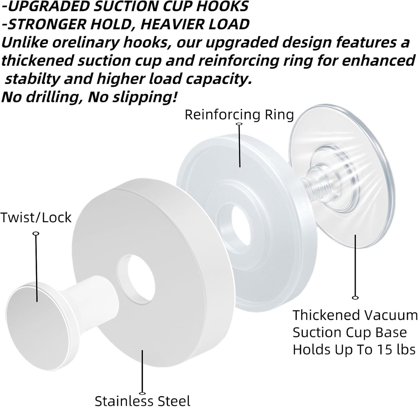 2025 Upgraded Stainless Steel Heavy Duty Suction Cup Hooks For Shower Bathroom Accessories Removable Hook For Glass Window Door Wall Hooks For Hanging Towels Robes Wreaths (Pack Of 5, White)