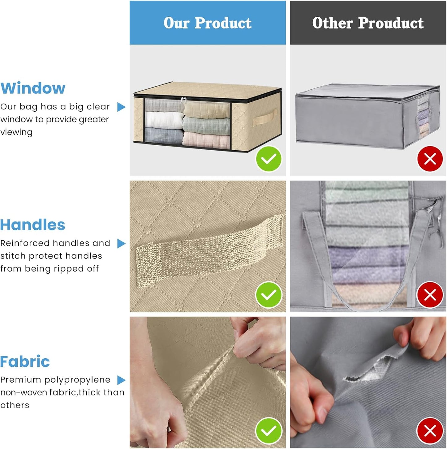 HomeHacks Storage 6-Pack Clothes Organizer Storage Bags Foldable Storage Box with Large Clear Window Sturdy Handles for Closet, Dorm, Pillows, Bedding, Clothes, Blankets, 35L, Beige