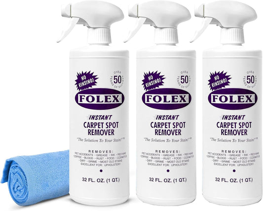 FOLEX Instant Carpet Spot Remover 32 oz – Powerful Stain Remover for Carpets, Upholstery & Rugs – Eliminates Pet Stains, Grease, Red Wine, Food, Makeup & More – With Reusable Cleaning Cloth – 3 Pack