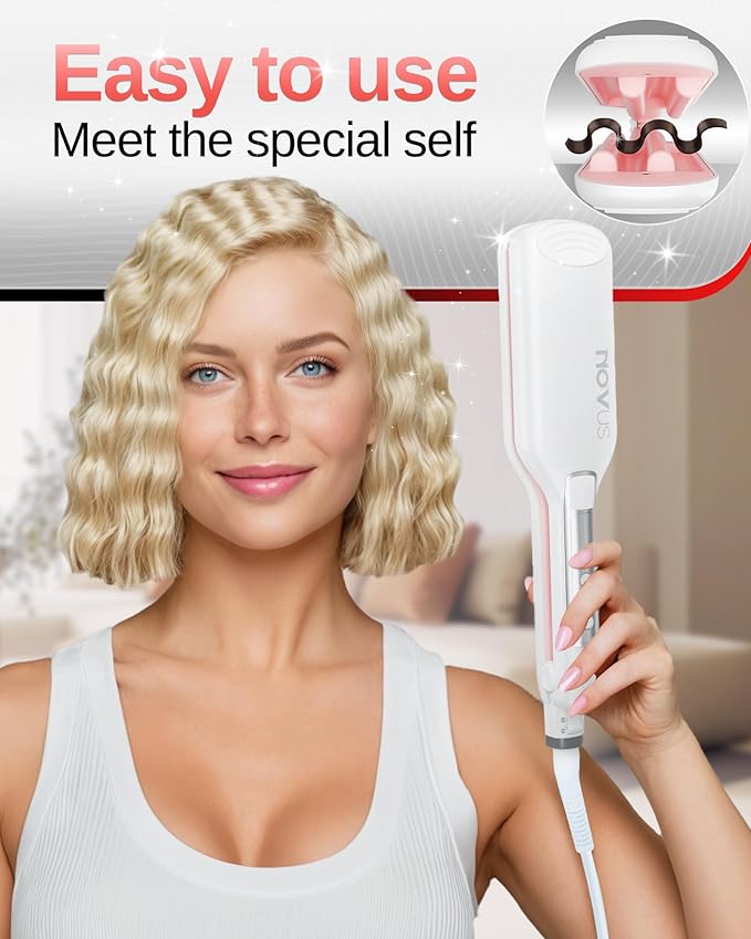 NOVUS Hair Crimper/Waver and 4-Barrel Rovy Wave Curling Iron, Shallow Wave Hair Curlers Hot Tool with Ceramic, 0.6 Inch Beach Waves Curling Wand, Hair-Type Adjustable Heat
