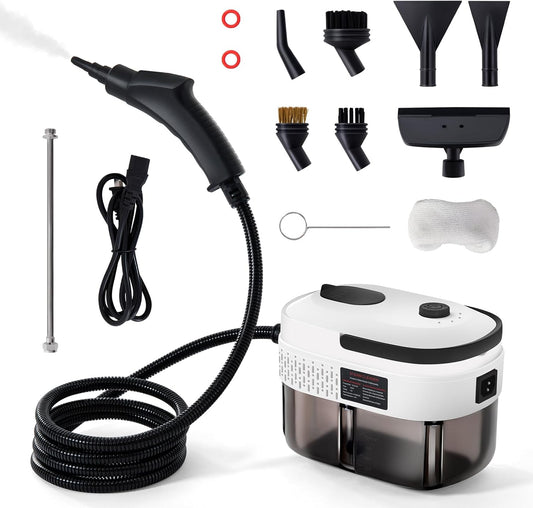 Lamberia 2500W Handheld Pressurized Steam Cleaner with 12pcs Accessories, 1400ml 1.5 Quarts Tank, 3-Level Adjustable Portable Steamer, 15s Heat-Up Steam Cleaner for Home, Car, Kitchen(White, US Plug)
