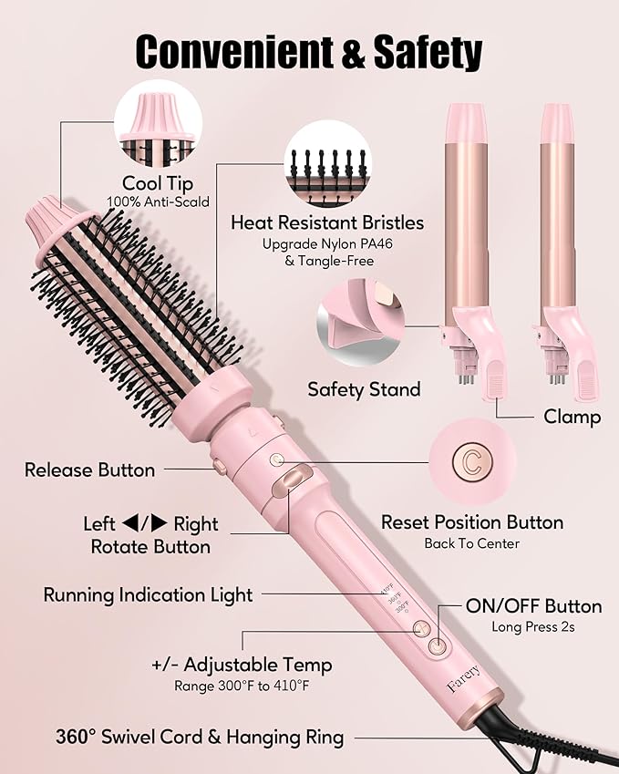 FARERY 1/1.25/1.5 inch Rotating Curling Iron Curling Brush Set, Automatic Curling Iron Heated Round Brush for Long Hair, Create Gorgeous Curls & Waves, Adjustable Temperature 300-410℉, Auto Shut-Off
