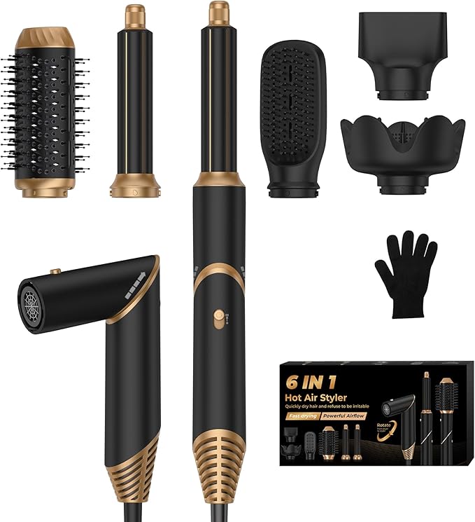 6 in 1 Hair Dryer Brush, Foldable Blow Dryer Brush with Wrap Curler, Detachable Air Hair Styler Curling, Drying,Volumizing, Straightening, Negative Ionic Hair Dryer with Diffuser, Hair Styling Tools