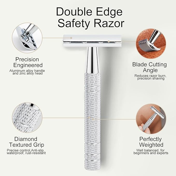 Double Edge Safety Razor for Men and Women, Single Blade Razors, with 10 Stainless Steel Blades, Reusable Metal Razor, Smooth and Close Shave, Sustainable, Plastic Free, Silver