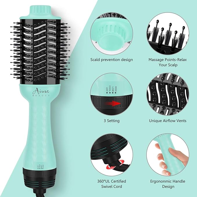 Aima Beauty One-Step Volumizer Hair Dryer Brush, 4-in-1 Upgrade Hot Air Brush for Less Frizz, More Shine, Oval Brush for Blowout, Light Green