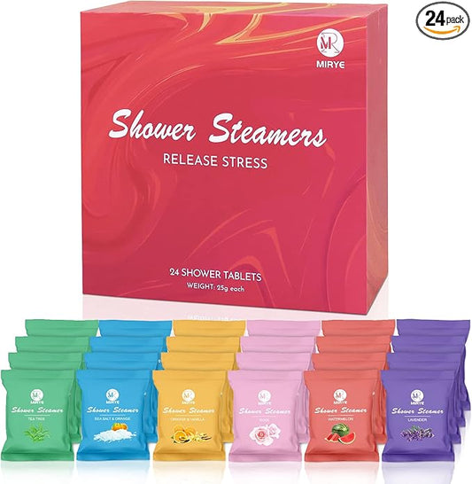 Shower Steamers Aromatherapy for Women and Men, 24-Pack Organic Shower Bombs with Essential Oil, Rose, Watermelon, Tea Tree, Orange, Sea Salt, Lavender Stress Relief Birthday Gifts for Her