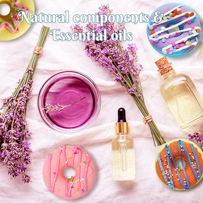 KAV Donut Bath Bombs Gift Set – 4 Piece Handmade Organic Bath Bomb Kit with Essential Oils – Relaxation Spa Gift for Women, Men, Teens, Kids – Self Care & Aromatherapy Soak