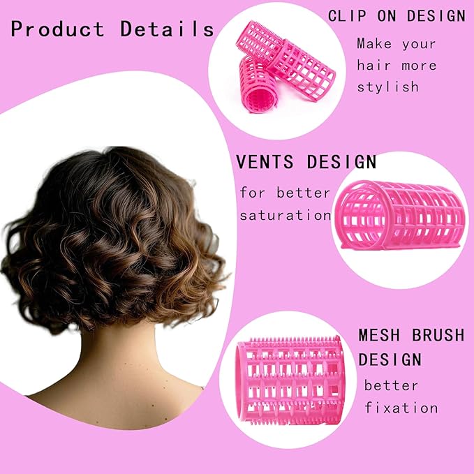 28PCS Self Grip Small Hair Rollers Set, 0.6in Plastic No Heat Roller Hair Curlers with Comb Heatless Clips for Short Fine Thin Hair(Pink)