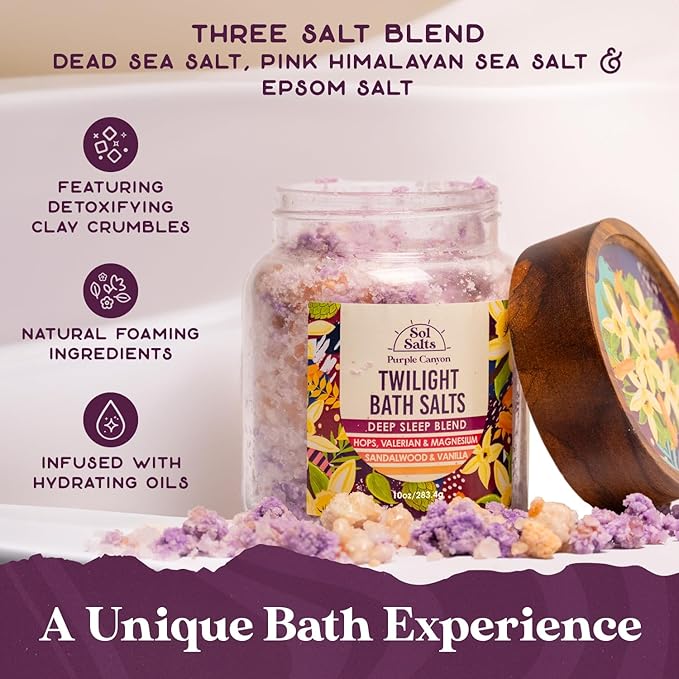 PURPLE CANYON SolSalts Twilight Deep Sleep Bath Salts 10oz | Magnesium-Infused Sandalwood & Vanilla Aromatherapy with Clay Crumbles